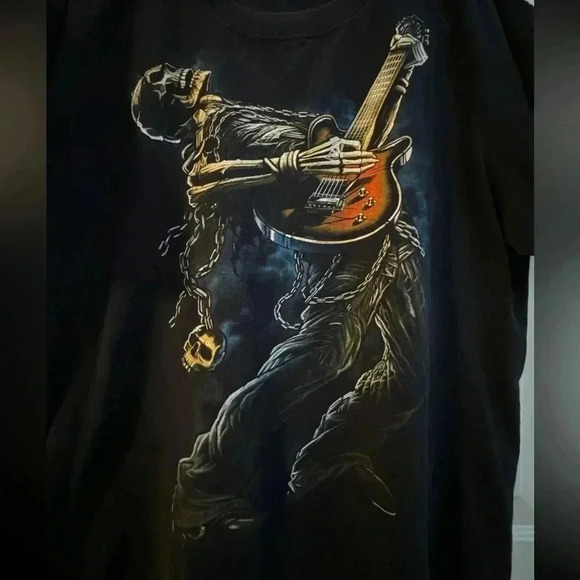 VTG Y2K Gothic Skeleton Playing Guitar Black Tshirt XL Unisex 100% Cotton Anvil - Picture 7 of 10